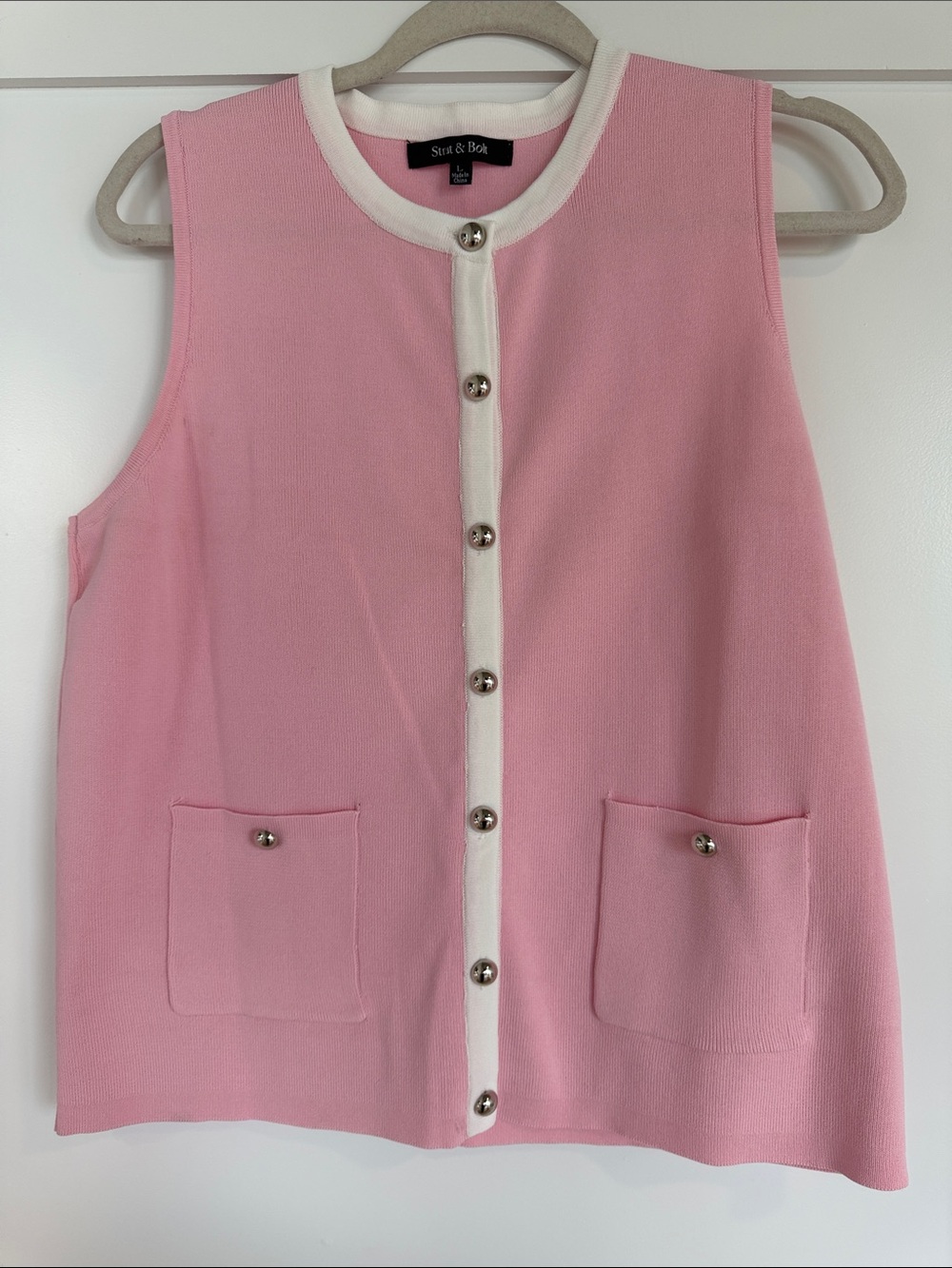 Saks & Co Pink Sleeveless Button-Front Top with White Trim
